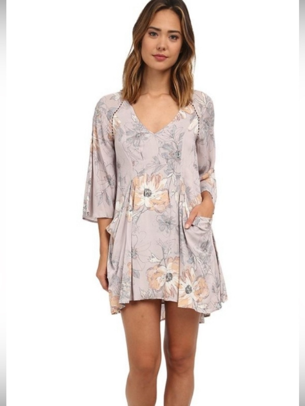 Free People Lavender Floral Flowy Midi V Neck Dress Pockets